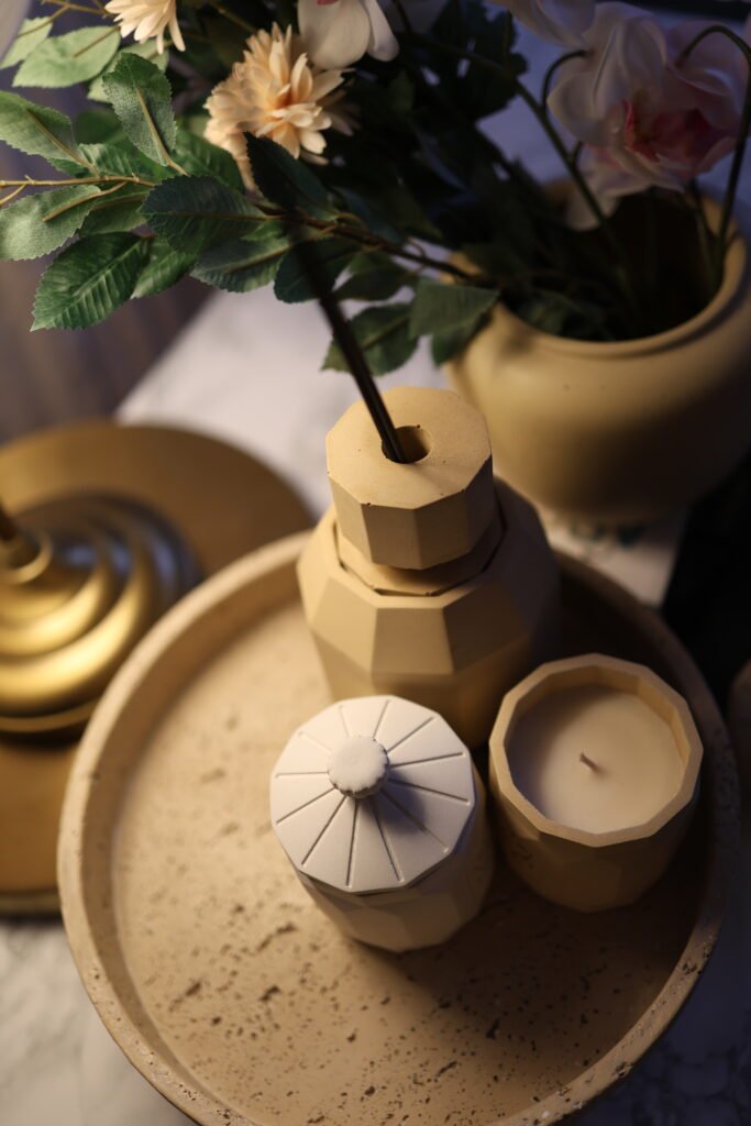 design objects worth keeping, marble and sandstone finish hand casted scented objects FLAMME D'ELIXIR
